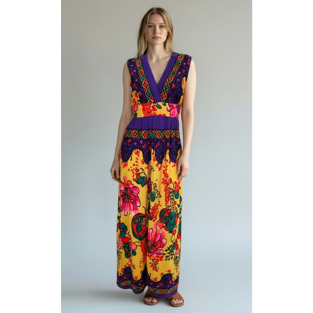 Vintage 1970's Cara Fria Tropical Psychedelic Floral Acetate Jersey Maxi Size 14